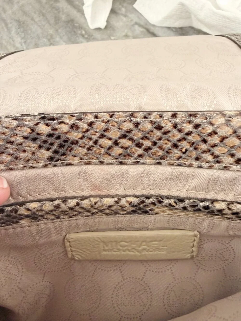 Michael Kors Neutral Snake Print Flap Crossbody Bag Silver Chain Accent